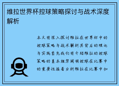 维拉世界杯控球策略探讨与战术深度解析
