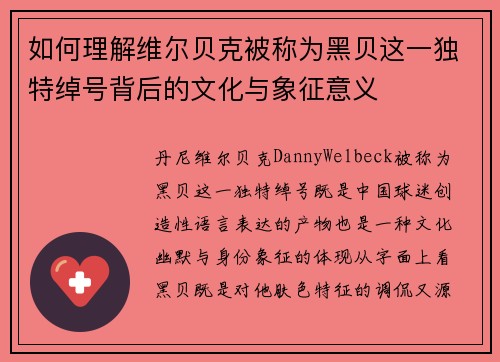 如何理解维尔贝克被称为黑贝这一独特绰号背后的文化与象征意义