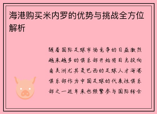 海港购买米内罗的优势与挑战全方位解析