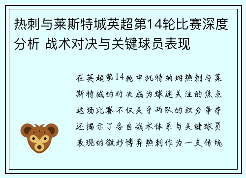 热刺与莱斯特城英超第14轮比赛深度分析 战术对决与关键球员表现